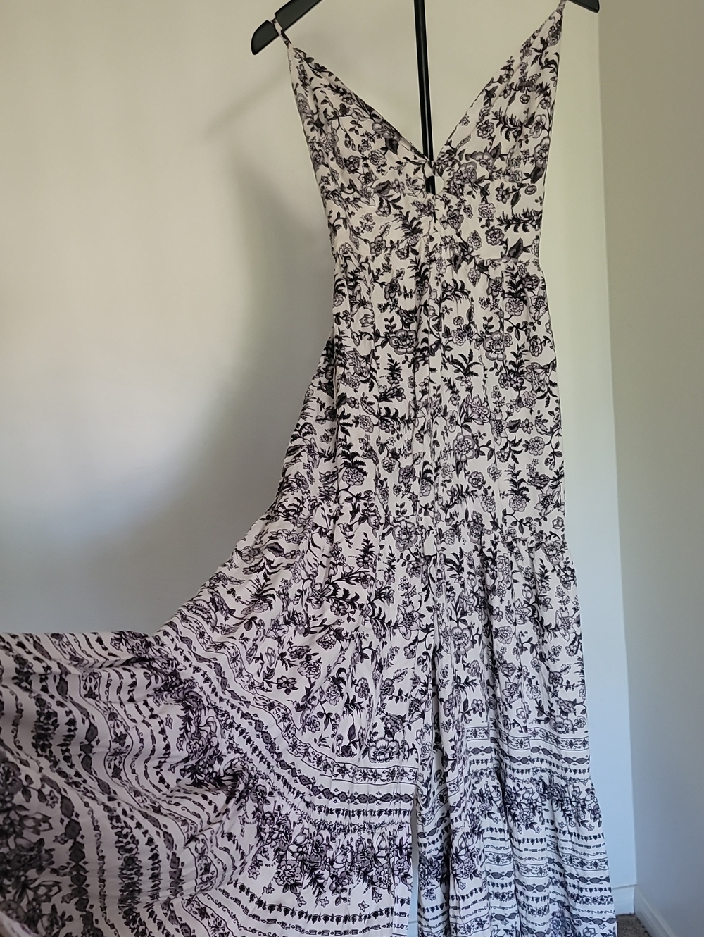 Angie Boho Keyhole Halter Tiered Wide-Leg Black and White Floral Print Jumpsuit